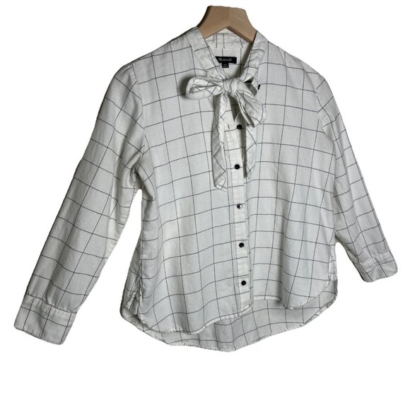 Madewell Flannel Tie Neck Shirt Windowpane XXS Relaxed Fit White Black Button Up - Picture 6 of 12